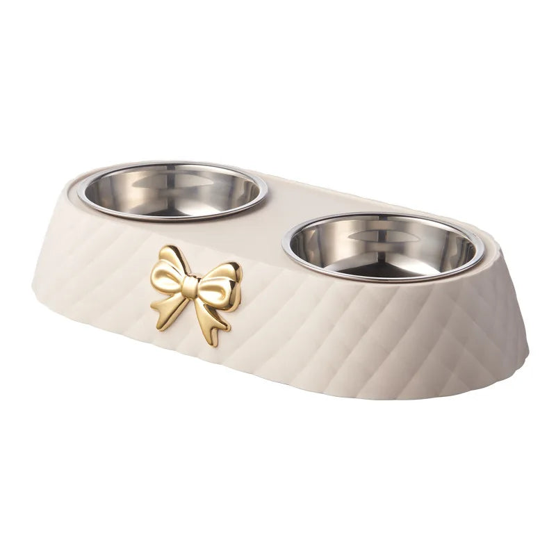 Pet Supplies Bow-tie Bowknot Cats Food Bowl PP Base Dog Bowl Stainless Steel Double Pet Accessories Feeding Drinking Double Bowl Pi-Mart