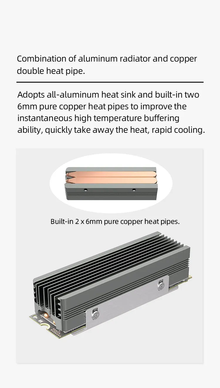 TEUCER M.2 NVMe 2280 SSD Heatsink Dual Copper Tube High Efficiency Radiator with Double-sided SSD Thermal Pad Pi-Mart