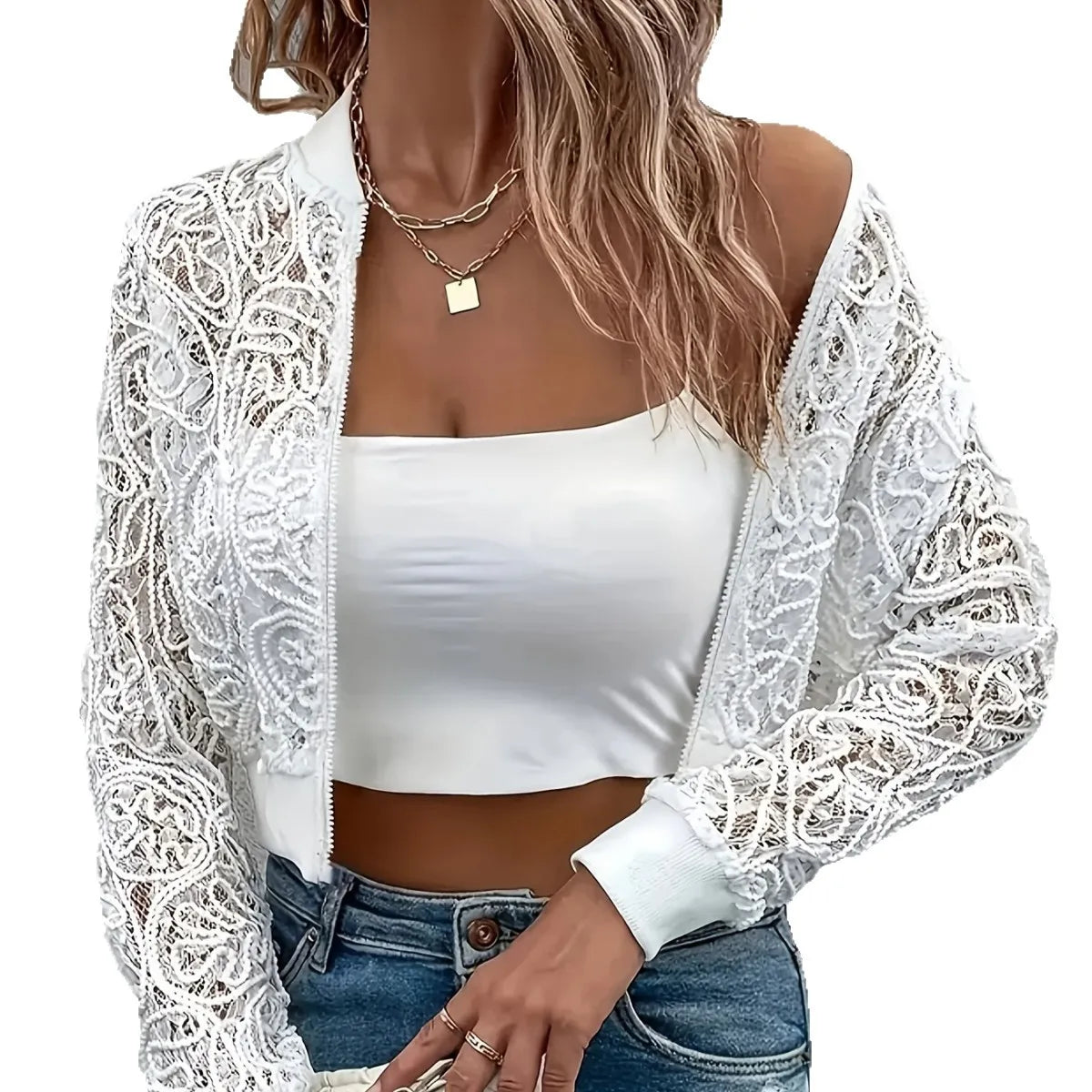 European and American style white lace zipper short coat fashionable hollow slim cardigan top, new in spring and autumn LadyShow.Store