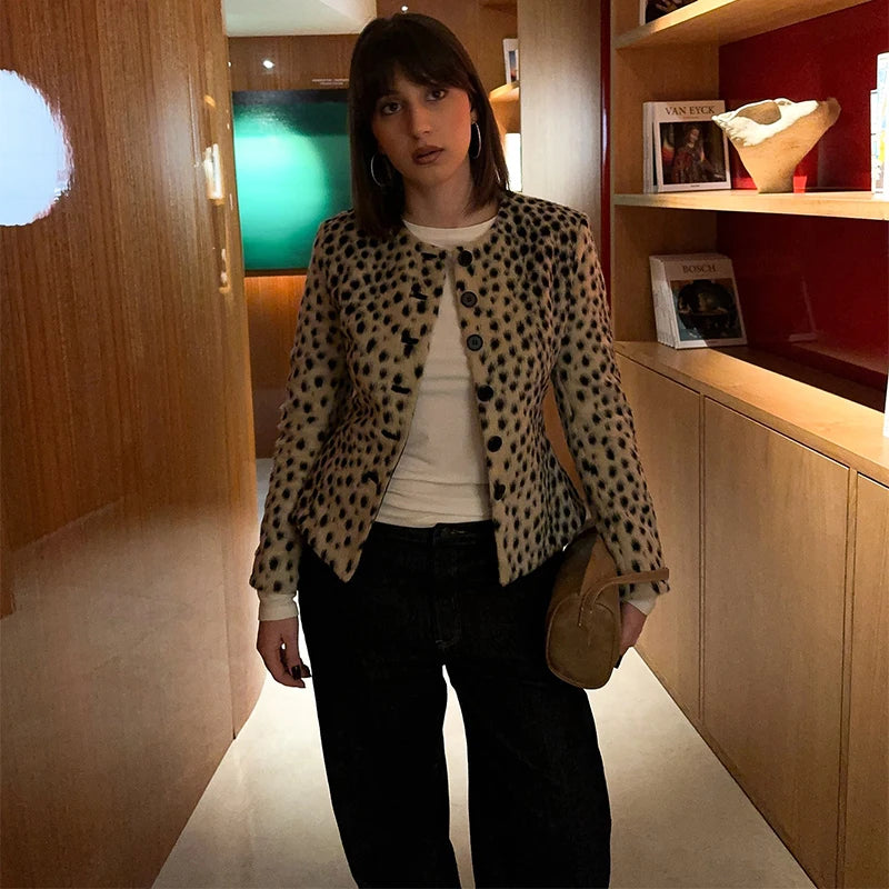 Retro Leopard Faux Fur Short Coat Lady Chic O-neck Single Button Placket Spotted Dot Cropped Long Sleeve Outerwear Street Jacket Pi-Mart