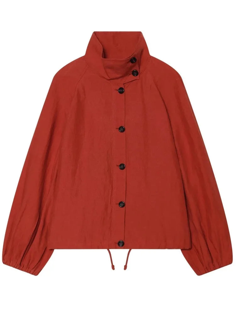 AACHOAE Women High Neck Lightweight Jacket Casual Long Sleeve Windbreaker Coat Drawstring Hem Button Front Short Outerwear Pi-Mart