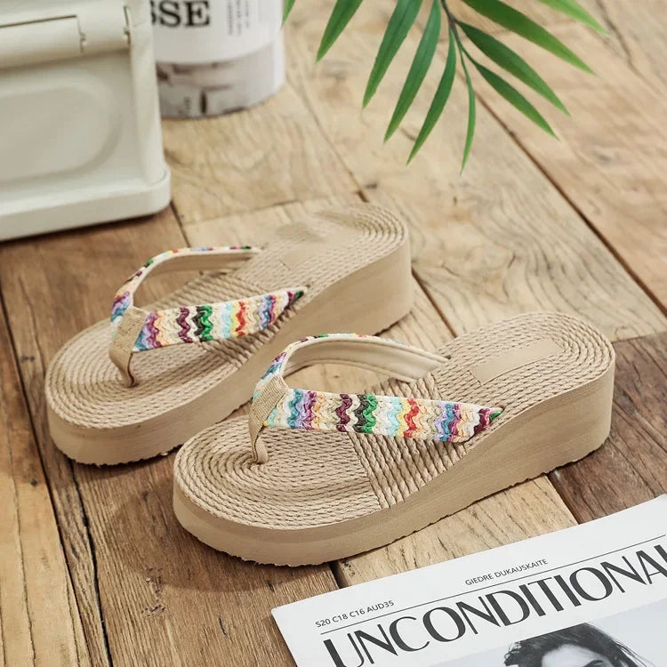 Women's Fashion Trend, Anti Slip, Wear-resistant, Comfortable Soft Bottom, Ethnic Style Flat Heel Flip Flops Pi-Mart