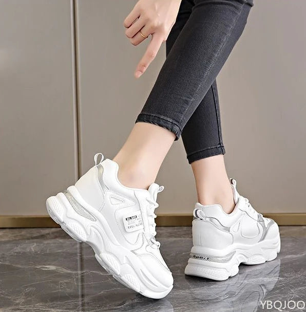 Women's Thick Soled Lightweight Sports Shoes Spring and Autumn New White Casual Women's Thick Soled Height Increasing Shoes Pi-Mart
