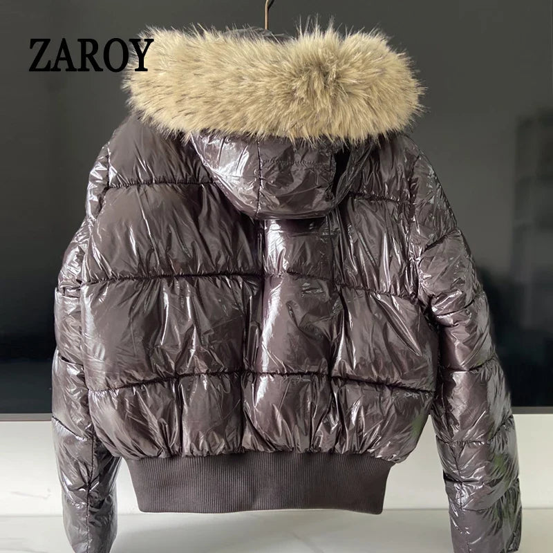 ZAROY Faux Fur Hooded Cotton Puffer Jacket Women Winter Quilted Zipper Pocket Coat Y2K Retro Padded Parkas High Street Outerwear LadyShow.Store