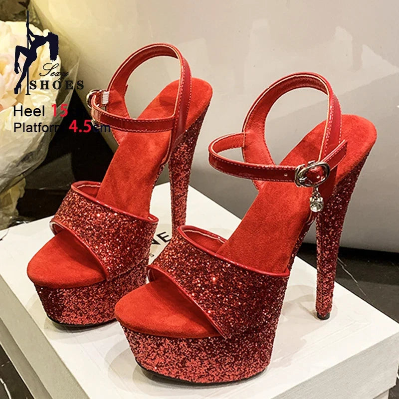 Women Platform 15CM High Heels 2025 New Luxury Sequin Model Runway Shoes Big Size 34-43 Nightclub Party Summer Glitter Sandals LadyShow.Store