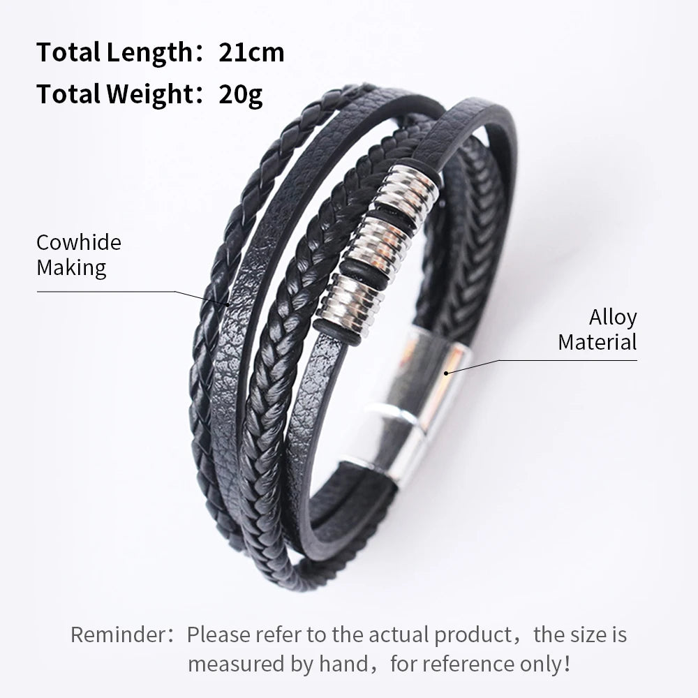 Trendy Leather Bracelets For Men Stainless Steel Bracelet 21CM Multilayer Braided Rope Bracelets for Male Jewelry Gifts Pi-Mart