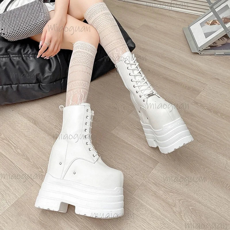 Height Increasing Women's High Boots Black Leather Thick Bottom Platform Shoes Side Zip Gothic Punk Short Boots Street Style LadyShow.Store
