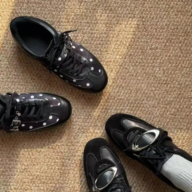 Korean Style Black Polka Dot Sneakers Women Spring 2026 Luxury Metal Decoration Designer Vulcanize Shoes Woman's Sports Shoes Pi-Mart