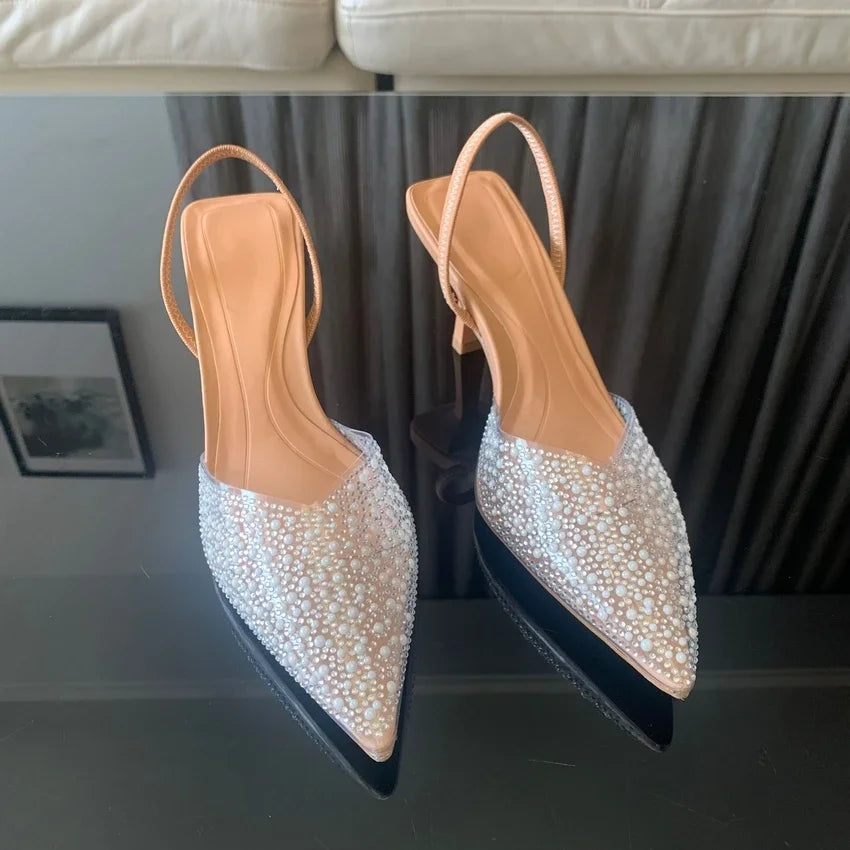 2024 Fashion Summer Women High Heels Pearl Decoration Slingback Woman Pumps Pointed Toe High Heels Sandals Elegant Woman Shoes LadyShow.Store