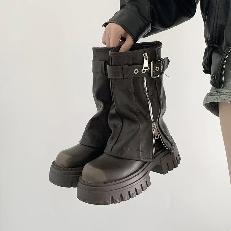 2025 Winter Women Biker Boots Fashion Belt Buckle Ladies Elegant Platform Long Pipe Booties Casual Women's Knee High Booties LadyShow.Store