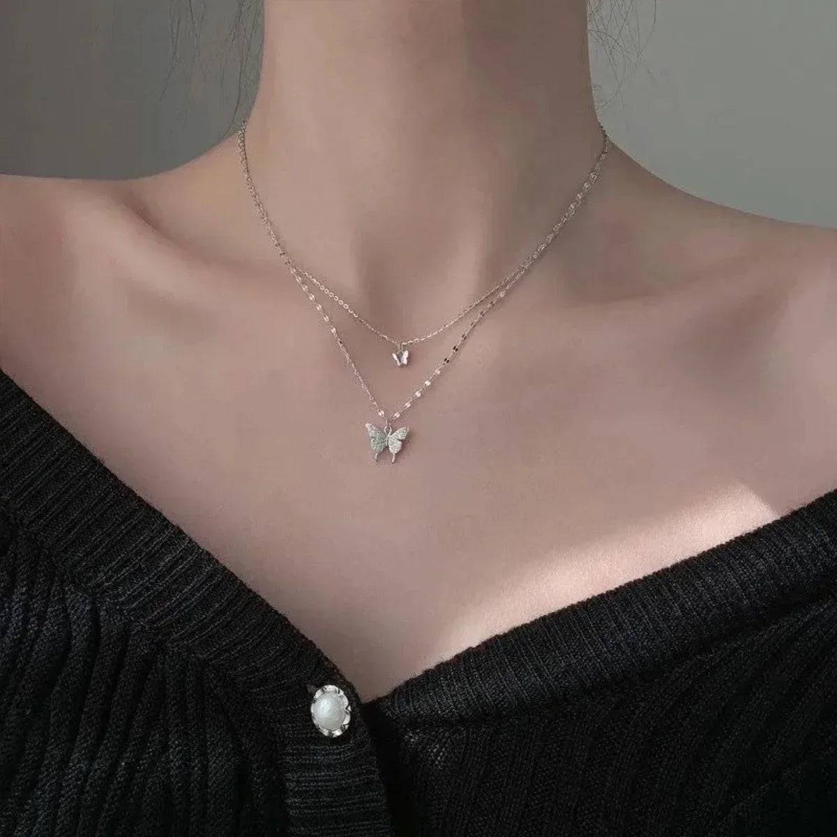 Double Layer Butterfly Necklace for Women, Lats Sparkling Collar Chain, Exquisite Jewelry, Banquet Party, Holiday Gift, 1 Pi-Mart