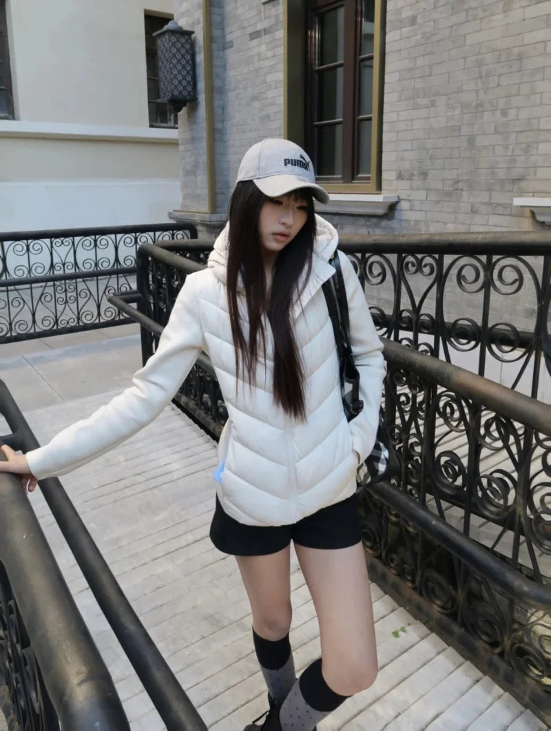 ETJ 2025 new  women's elegant fashion patchwork long sleeve standing collar hooded cotton jacket sport coat 8073227 Pi-Mart