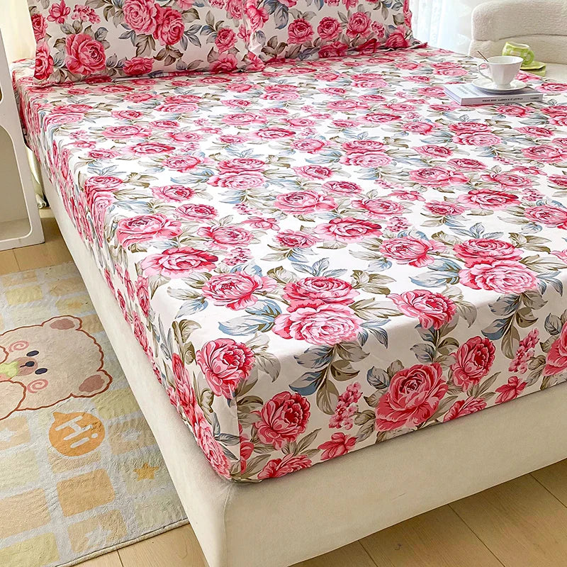 Red Flower Printed Bed Sheet Sets Queen/King Size sabanas cama matrimonial Reactive Printed Fitted Bedsheets for Double Bed LadyShow.Store