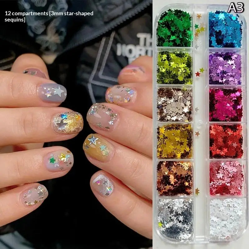 *12 Grids Mixed Mini Circular Colorful Nail Glitter Wave Point Sequin Sparkling Flower DIY Nail Decoration Nail Charms Pi-Mart