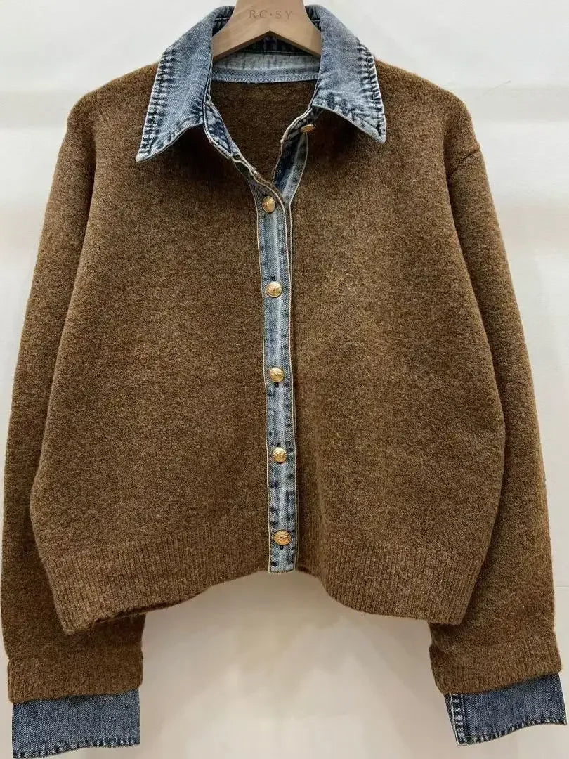 Chic Denim Collar Stitching Fake Two-piece Sweater Women's Cardigan New Single Breasted Knitted Jacket Coat Female Outwear LadyShow.Store