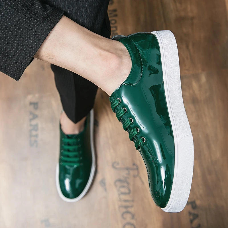 Spring Autumn Leather Shoes High Quality Patent Leather Casual Shoes Lace Up Sneakers Green Fashion Sole Designer Leather Shoes Pi-Mart