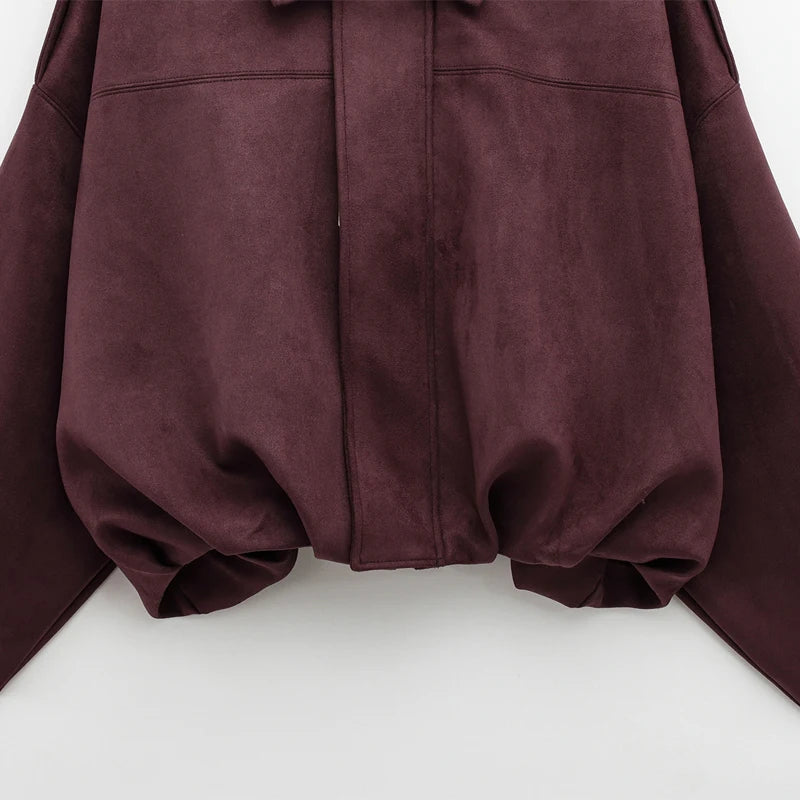 HXAO Women's Bomber Jacket Lapel Long Sleeve Zipper Suede Jacket Women 2025 High Street Cropped Racing Jackets Coats Outerwears Pi-Mart