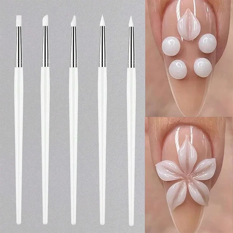 5Pcs/set Silicone Nail Brush UV Gel Polish Tip 3D Image DIY Dotting Polish Brushes Pen Professional DIY Manicure Tools Tri Light Beauty
