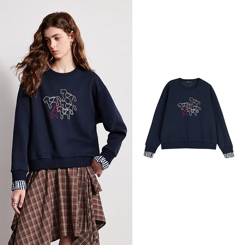 TOYOUTH Women Crewneck Patchwork Plaid Fake Two-Piece Pony Embroidery Loose Sweatshirt 2026 Spring New Tops LadyShow.Store