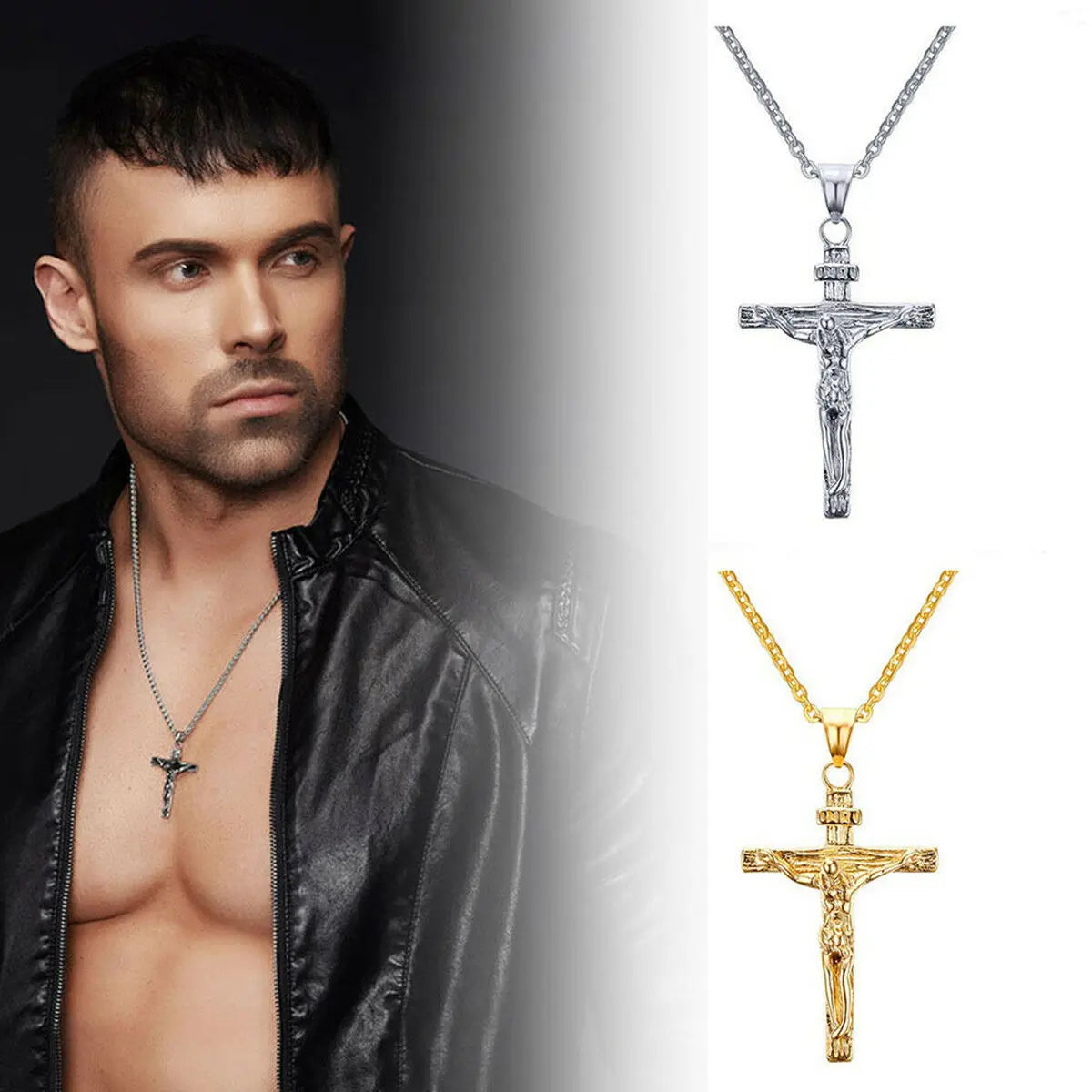 Fashion Crucifix Jesus Christ Men Jewelry Gold Brown Silver Color Metal Cross Pendant With Neck Chain Necklaces For Women Pi-Mart