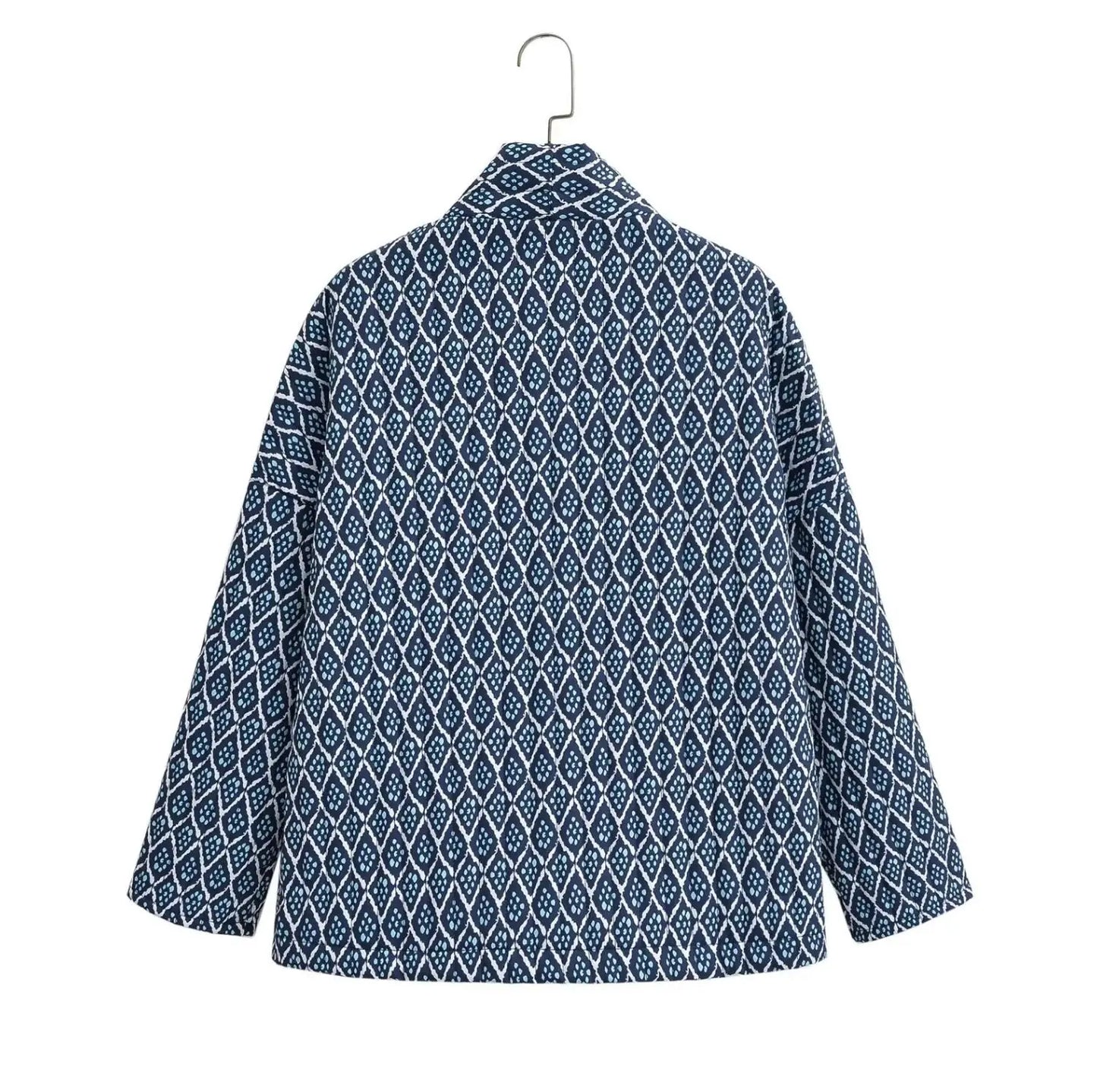 Autumn Winter Blue Geometric Plaid Print V Collar Quilted Coat Ethnic Women Long Sleeve Oversized Jackets Loose Outwear LadyShow.Store