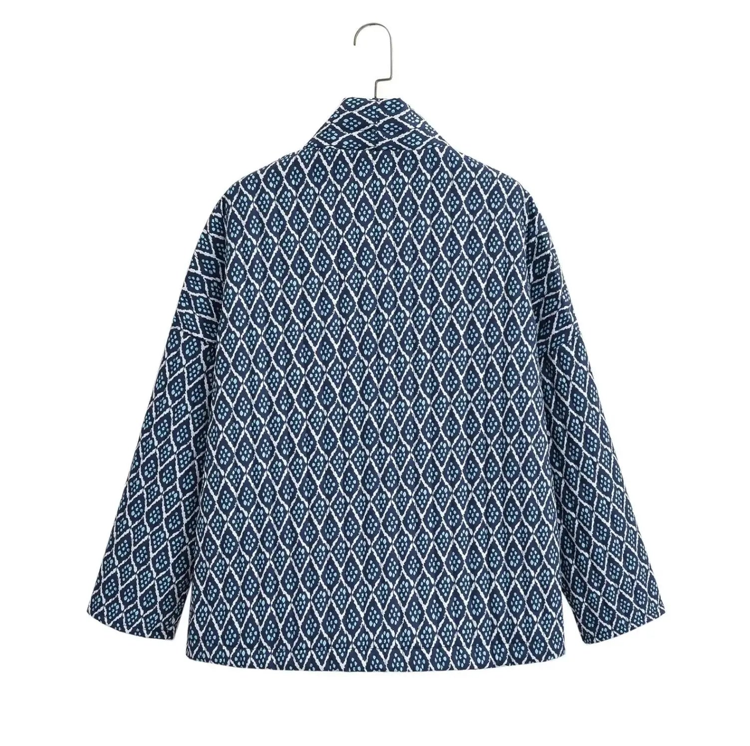 Autumn Winter Blue Geometric Plaid Print V Collar Quilted Coat Ethnic Women Long Sleeve Oversized Jackets Loose Outwear LadyShow.Store