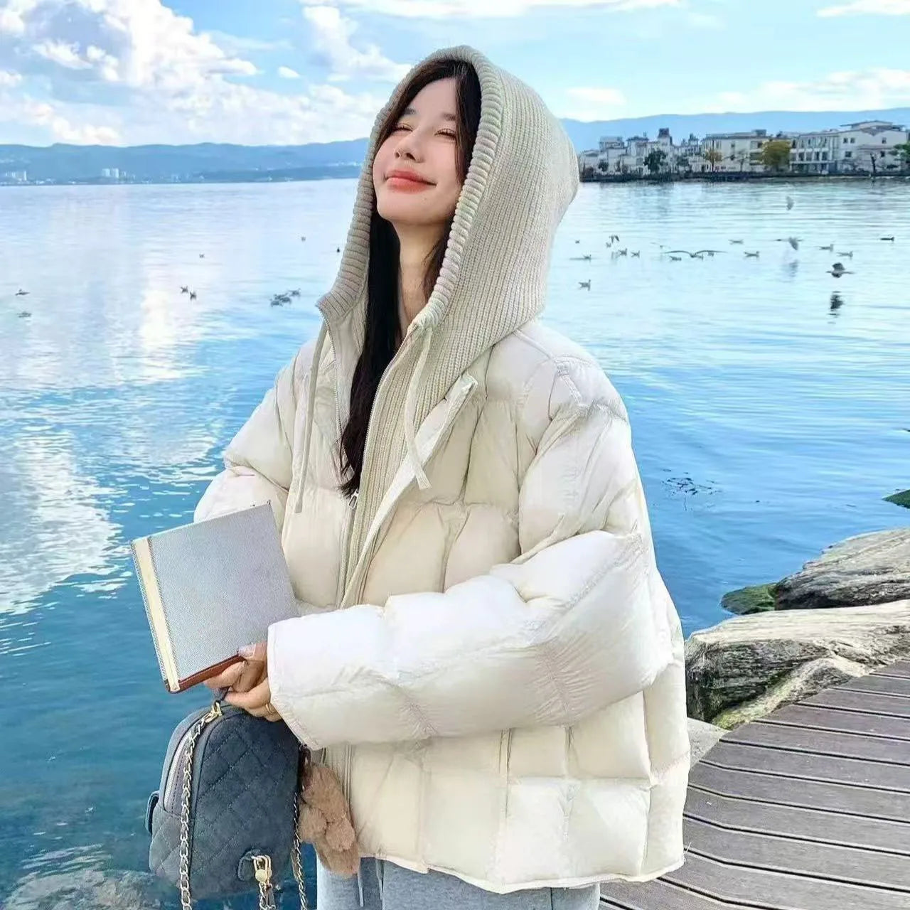 Femme Korean Cotton Padded Outwear 2026 New Autumn Winter Women Casual Knitted Hooded Puffer Jacket Fake Two-piece Warm Parkas LadyShow.Store