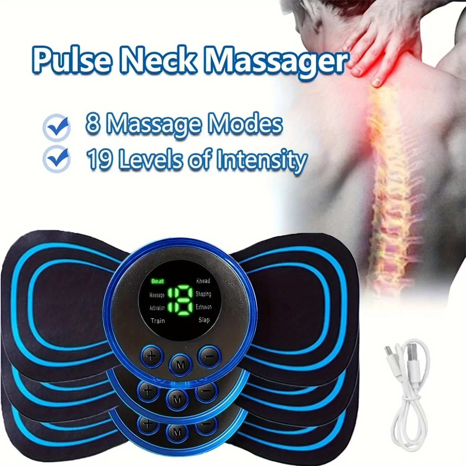 Electric Muscle Massager Set EMS Neck Massage Machine with8 Modes And 19 Strength Levels Portable Vibrating Treatment Instrument Tri Light Beauty
