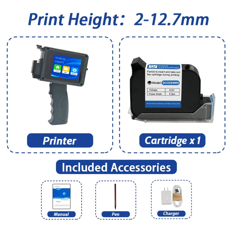 DCODE DC15 12.7mm Portable Handheld Inkjet Printer Lightweight Coding Machine Logo QR Barcode Text Image Date Handheld Printer Pi-Mart