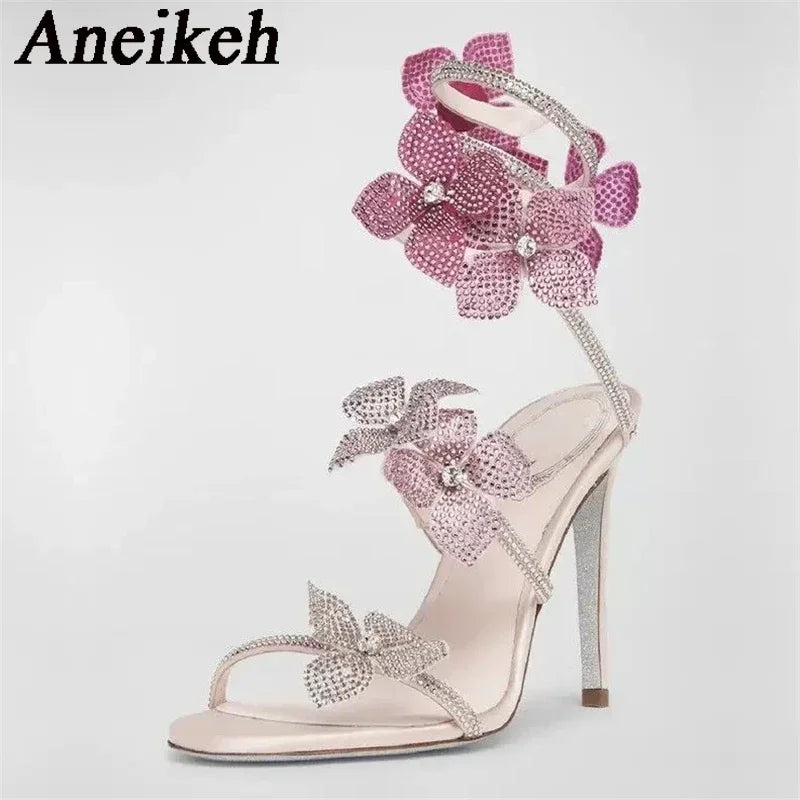 Aneikeh Sexy CRYSTAL Flower Narrow Band Ankle Strap Sandals Woman Thin High Heels Street Style  Pole Dancing Ladies Shoes LadyShow.Store