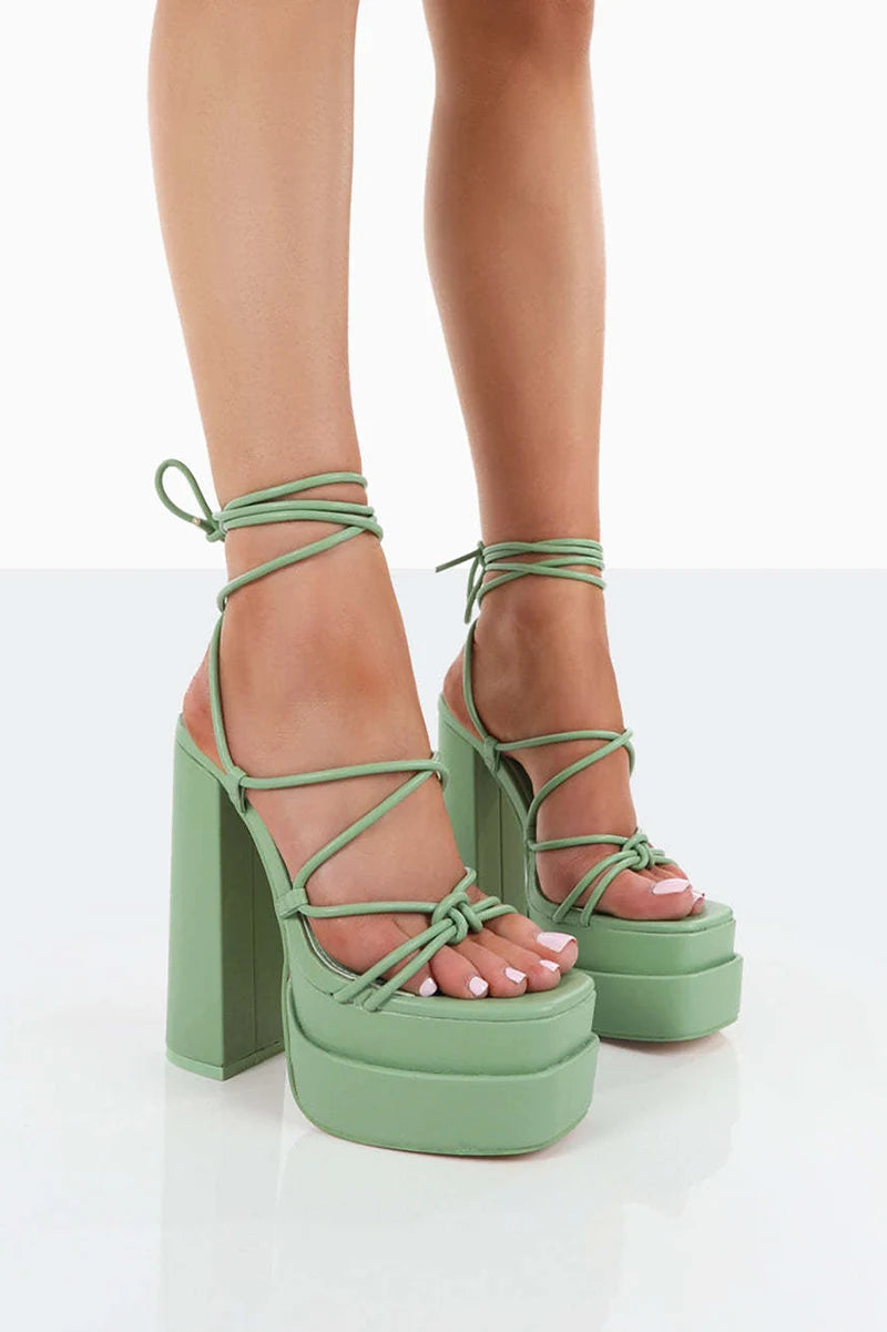 FF2025 New Fashion Solid Colored Cross-tied Heels Supper High Platform Dressing Sandals Peep-toe Square Heel Summer Footwear Pi-Mart