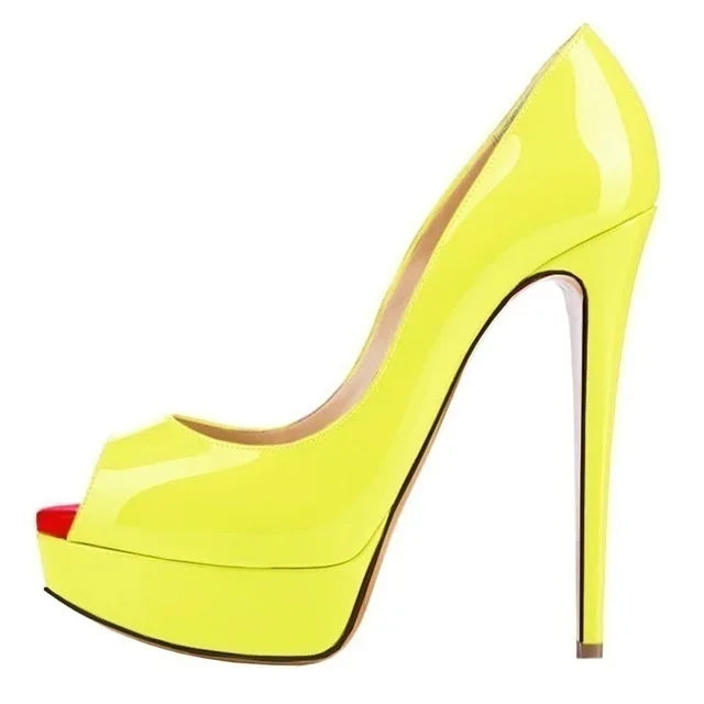 Women Pumps Sexy Platform Peep Toe 14cm Extremely Thin High Heels Stiletto Patent Leather Fashion Party Nighclub Wedding Shoes Pi-Mart