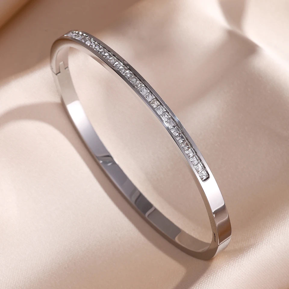 ZAKOL 5/1pcs Sparkling Zirconia Inlaid Stainless Steel Bracelet Set for Women Stackable Bangles Fashion Non Fading Jewelry Gift Pi-Mart