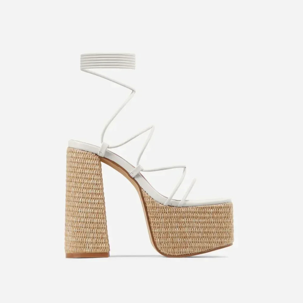 Woven Platform Lace Up Strappy Sandals Block Heel Open Toe Solid Color Sexy Roman Style Women Shoes Summer 2026 New Arrivals Pi-Mart