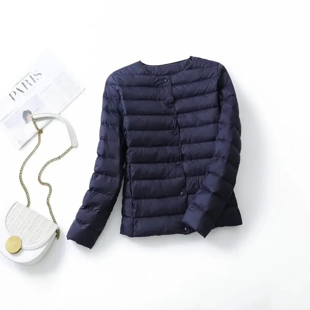 New Female Light Down Coat Women Liner Duck Down Jacket O-neck Variable V-neck 2024 Fall Collarless Light Quilted Puffer Coat LadyShow.Store
