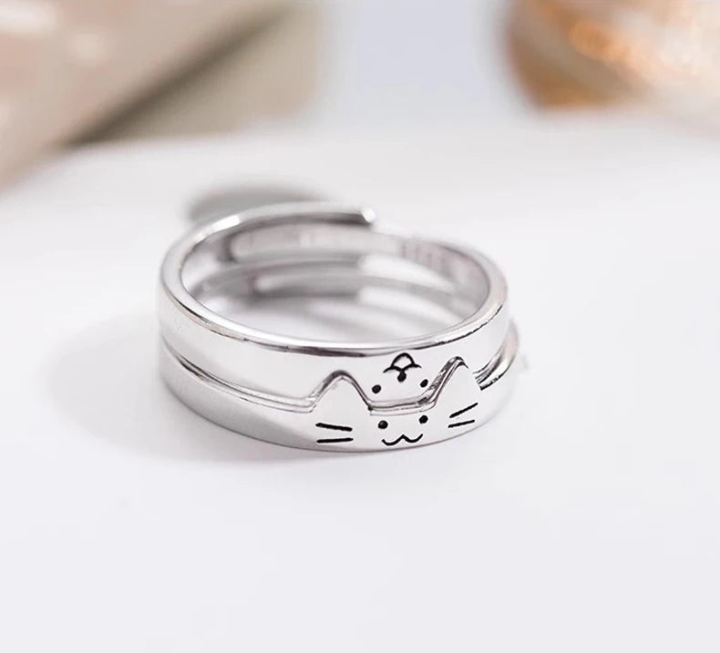 2pcs Simple Design Cute Cat Dog Animal Adjustable Couple Ring for Women Men Cartoon Fashion Couple  Friends Rings Jewelry Gifts Pi-Mart