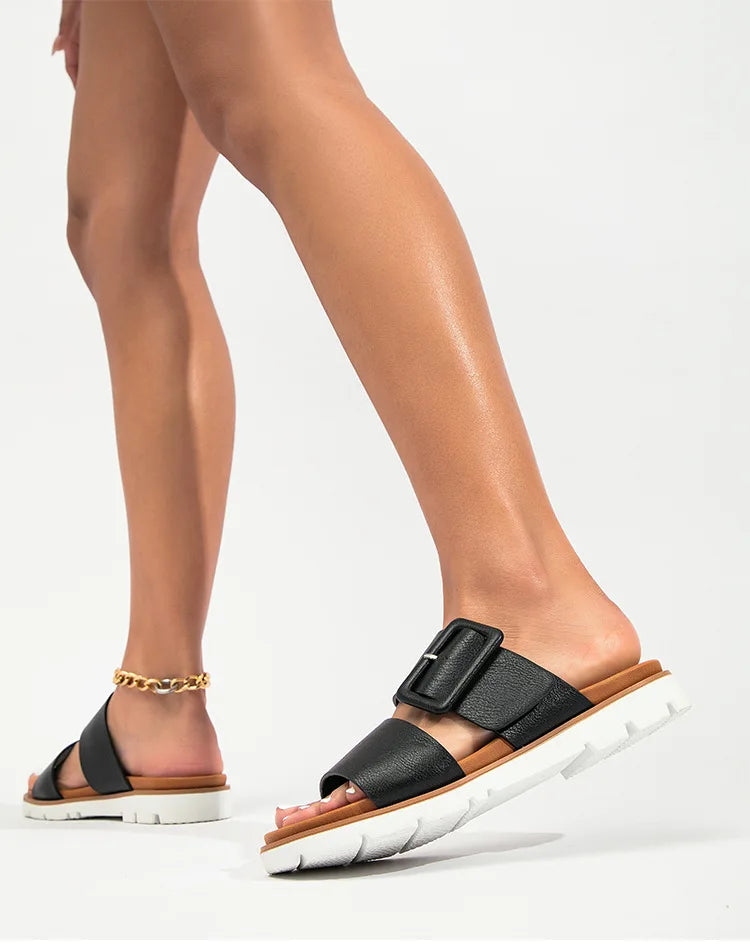 Adjustable Square Buckle Women Slide Sandals Two Strap Platform Slippers Low Heel Soft Sole Summer Open Toe Walking Casual Shoes Pi-Mart