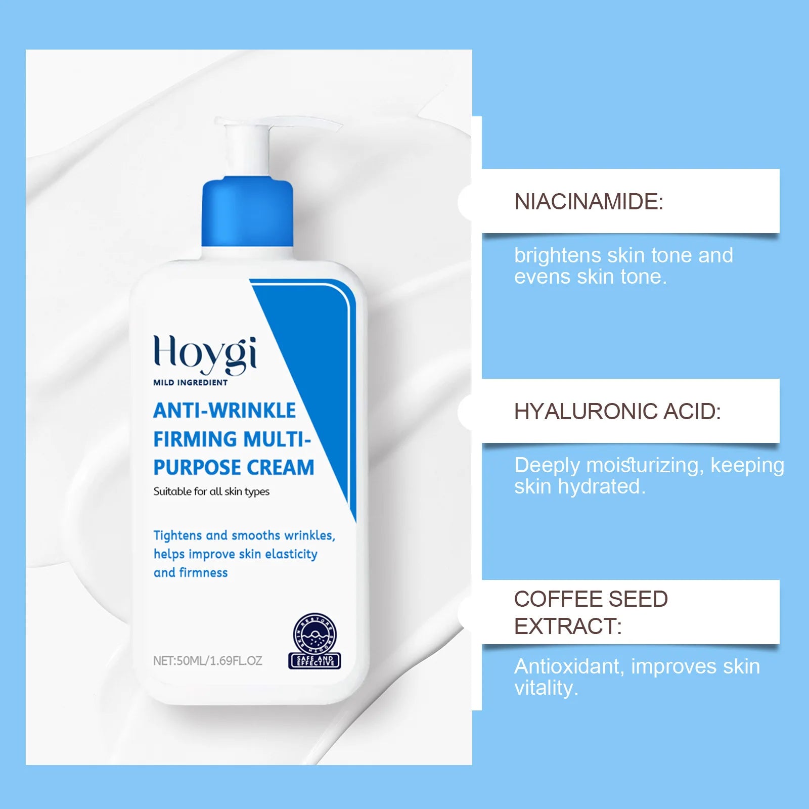 Hyaluronic Acid Cream Shrink Pores Anti Wrinkle Nourishing Hydrating Improve Dryness Remove Fine Lines Moisturizing Facial Cream Pi-Mart