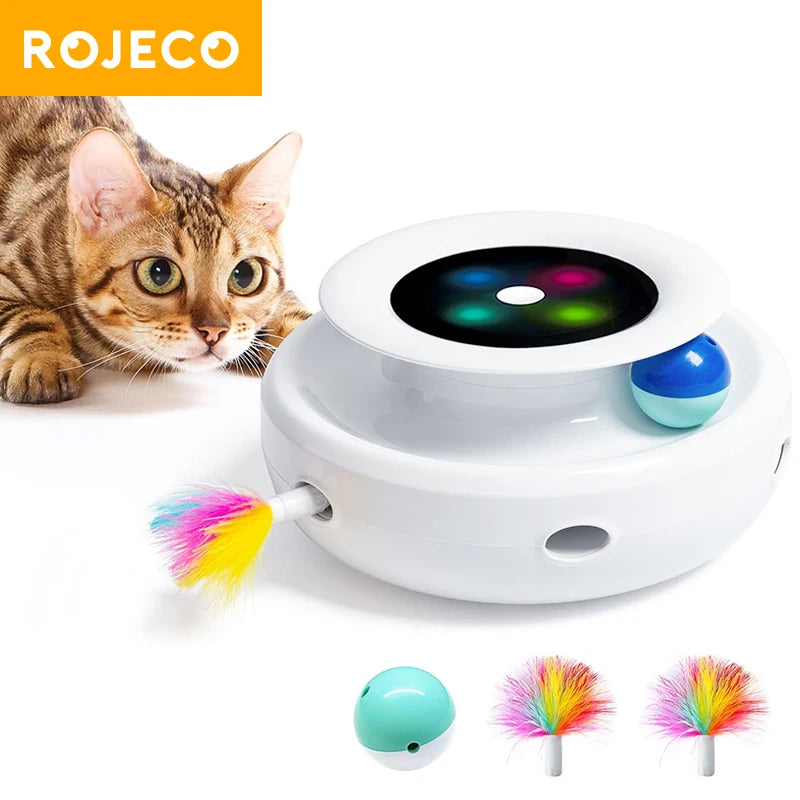 ROJECO 2 in 1 Smart Cat Toys Automatic Feather Fun Ball Toy Set For Cat Dog 5 Modes Electronic Interactive Pet Toy Accessories Pi-Mart