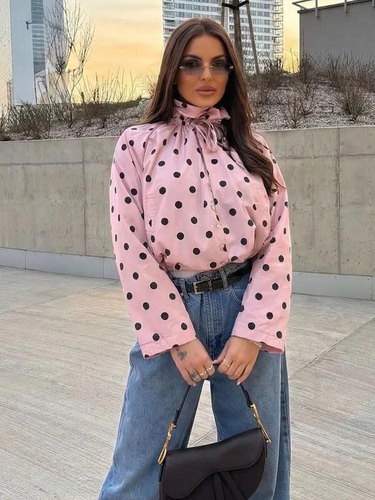 HH Women Elegant Fashion Polka Dot Pink Jacket Single Breasted High Collar Drawstring Coat Spring Lady Trend Street Outwear LadyShow.Store