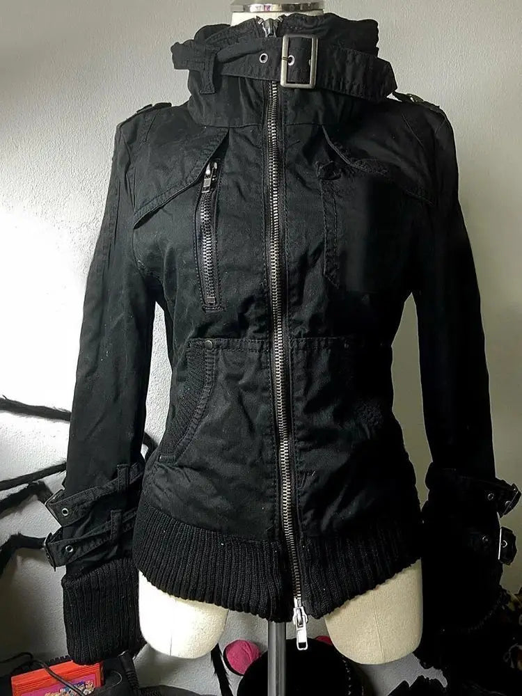 Subculture Harajuku Vintage Safari Coats with Hooded Women Zipper Sweatshirts Casual Streetwear Grunge Jacket Y2k Stand Neck LadyShow.Store