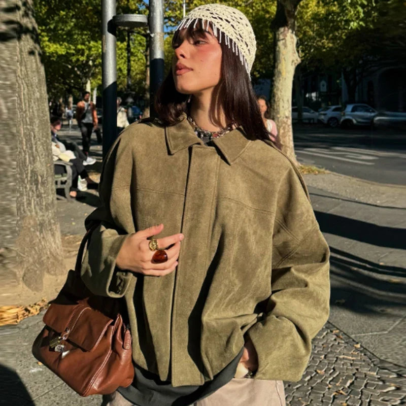 HXAO Suede Cropped Jacket Women's Bomber Jacket Oversized Batwing Sleeves Outerwears Lady Casual Loose Coat Street Style Jackets LadyShow.Store