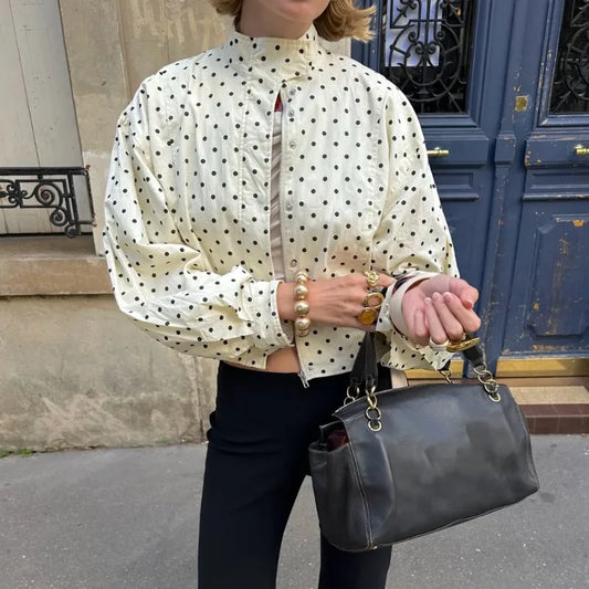 TARUXY Fashion Polka Dot Print Jacket Coat Women's Stand Collar Long Sleeved Workwear Coat Ins Hot Short Casual Female Jackets LadyShow.Store