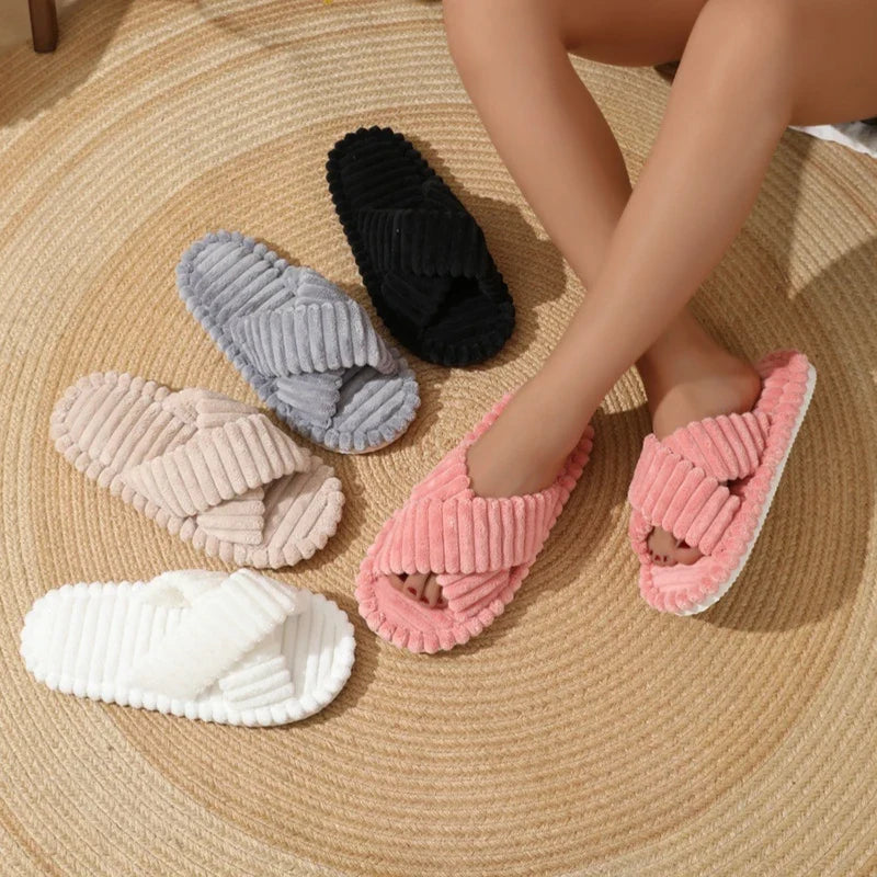 Fashion Corduroy Cross Band Home Slippers Women Spring Autumn Warm Plush Slides Woman Indoor Bedroom Soft Sole Cotton Slippers LadyShow.Store
