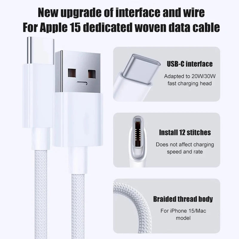 60W USB C Phone Cable For iPhone 16 15 17 Pro Max 17 Air Plus Fast Charging Type-C Charge Braided Cables USB to Type C Data Line Pi-Mart