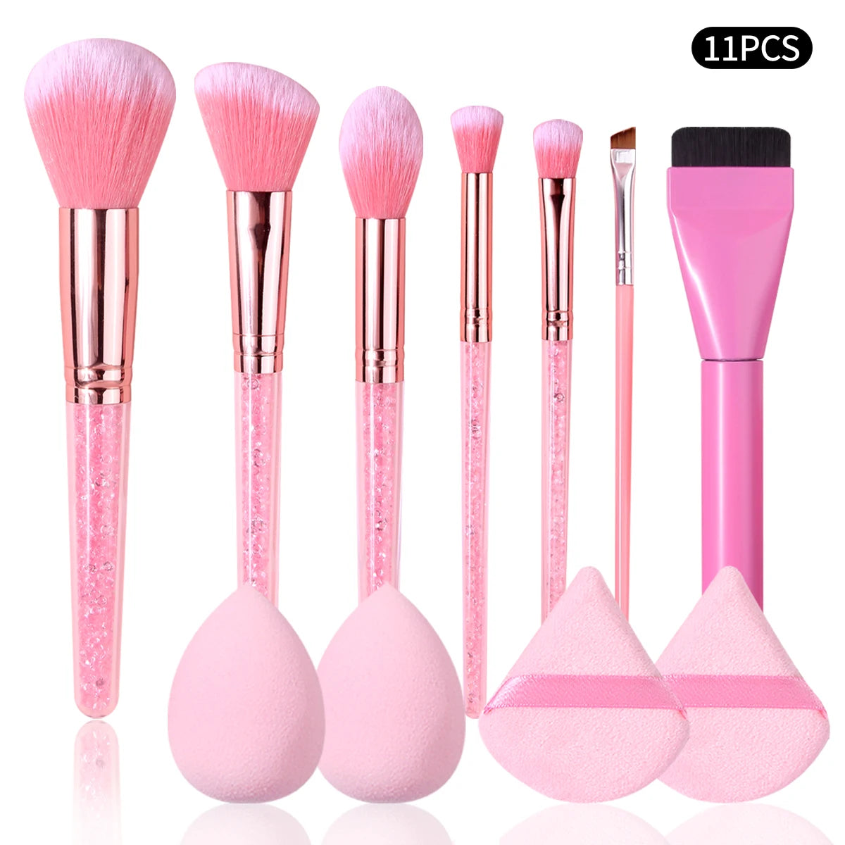 11Pcs Pink Makeup Brush Set with Sponge & Puff, Professional Glitter Handle Brushes for Foundation, Eyeshadow, Blush, Full Face Pi-Mart