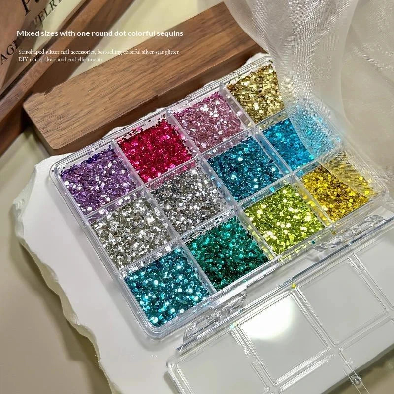 *12 Grids Mixed Mini Circular Colorful Nail Glitter Wave Point Sequin Sparkling Flower DIY Nail Decoration Nail Charms Pi-Mart