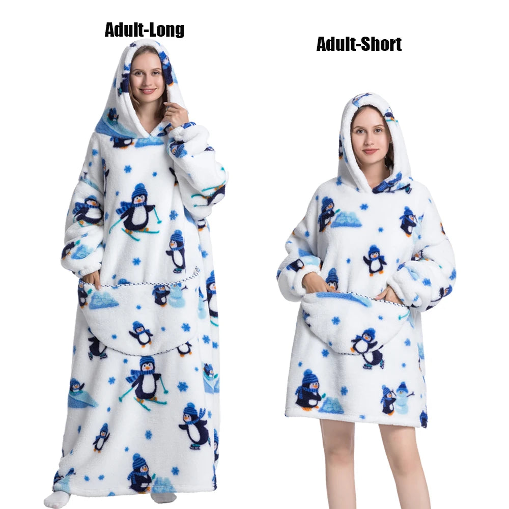 Women Plush Fleece Blanket Men Warm Thick Hoodies Adult Giant TV Blanlets with Sleeves Super Long Cold-proof Homewear Pajamas Pi-Mart