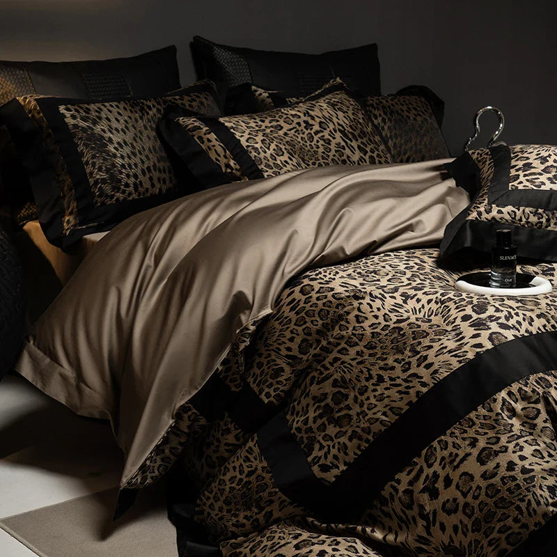 1000TC Egyptian Cotton Leopard Print Fashion Luxury Bedding Set Queen King Size Duvet Cover Flat/Fitted Bed Sheet Pillowcases LadyShow.Store
