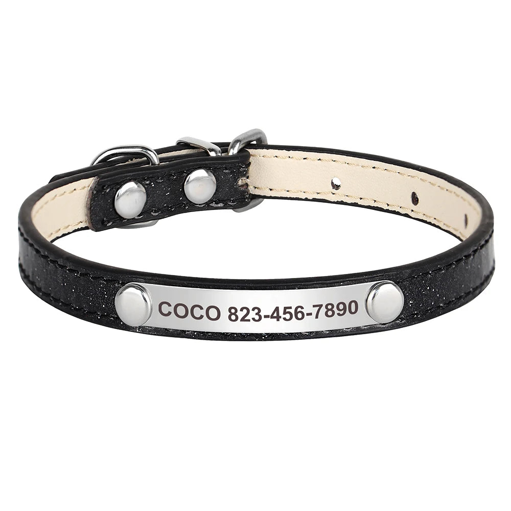 Personalized Cat Collar Custom Leather Cat Collars Free Engraved Puppy Kitten ID Necklace Bling Pet Collars for Small Dogs Cats Pi-Mart